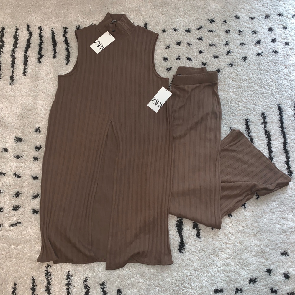 🆕 Zara 2-Piece Slit Ribbed Tunic & Flared Ribbed Pants Set SIZE Large - Picture 8 of 13